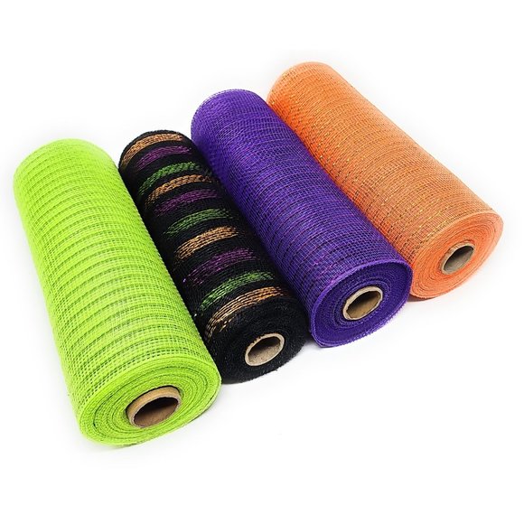 Halloween 10" x 30 Feet Deco Mesh Ribbon (Lime, Stripes, Purple, Orange) - Picture 1 of 4